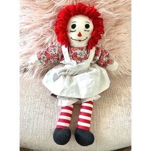Handmade raggedy ann doll, Strawberry Dress With Daisies, Embroidered Face 14”